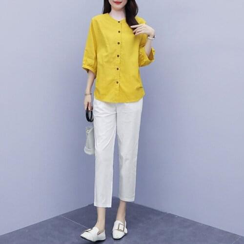 Autumn Cotton Linen Two-piece Women Plus Size 2020 Womens Bat Sleeve O-neck Top Nine-point Casual Elegant Pants Set Female Q200