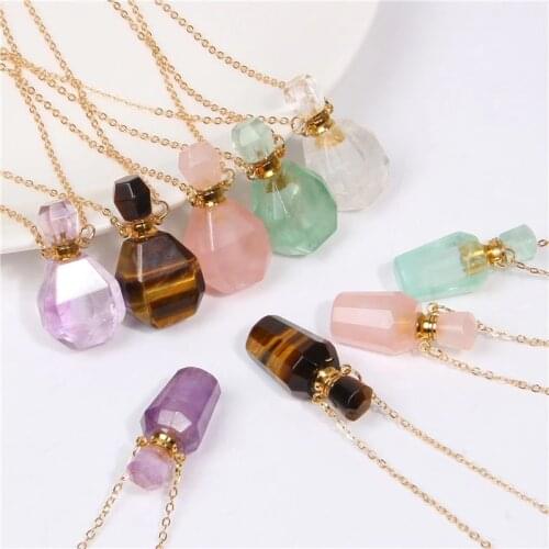 Natural Stone Love Heart-shaped Perfume Bottle Pendant Amethyst Double-ring Pendant for DIY Necklace Sweater Chain Accessories