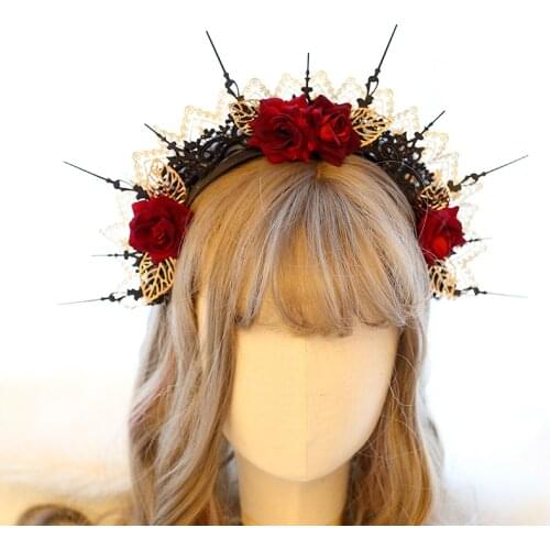 Baroque Japanese Girl Black Crown Headband Retro Punk Lace Rose Wine Red Headdress Dark Gothic Style Lolita Hair Hoop Props