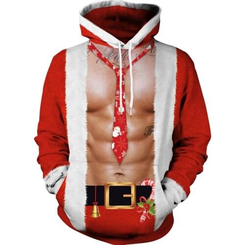 Christmas Sweater, Unisex Hoodie, kangaroo pocket, red simulated muscle print casual Pullover Hoodie Pullover