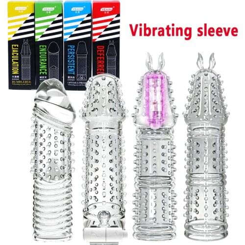 Reusable Penis Sleeve With Vibrating Bullet Penis Enlargement Clitoral Ctimulation Crystal Condoms Adult Sex Toy For Men Couples