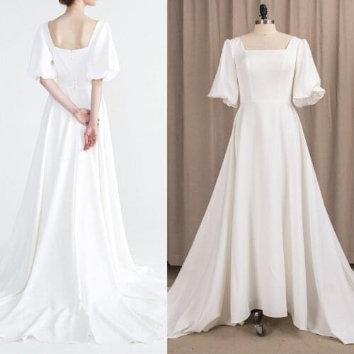 Satin Square Neck Wedding Bride Dress 2020 Latern Sleeve Low Cut Zipper Simple Elegant Bridal Gown Sweep Train Custom Made #983