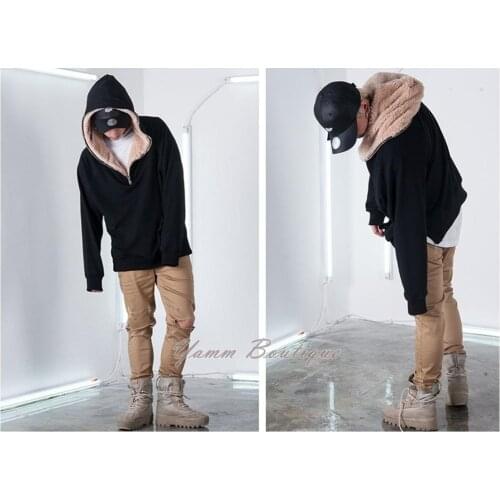 Sherpa Furry Hood Oversized Mens Front Half Ykk Zipper Hoodie / BM KANYE Dark KW Long Sleeve / Essential Extended Cotton Hoodie