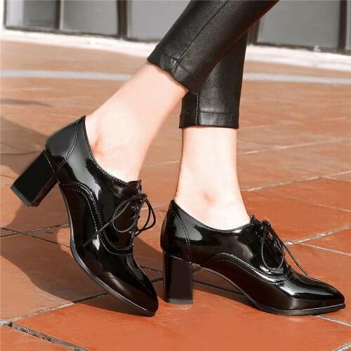 Pointed Toe Ladies Block Heel Shoes Woman Patent Leather High Heels Office Women Shoes 2020 Spring Lace Up Dress Pumps Shoes