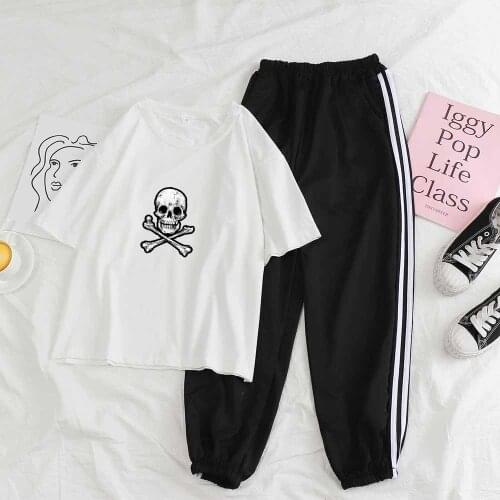 Two Piece Outfits for Women Loungewear Set Summer Skull Print Short Sleeve T Shirt Women and Pant Set Trouser Suit Female