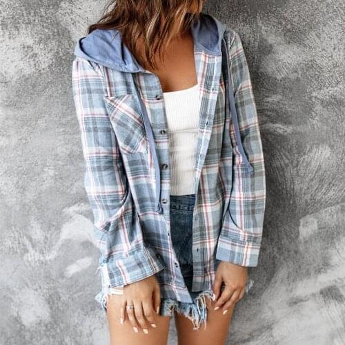 Yangelo 2021 Autumn Winter Street New Design Hooded Loose Womens Plaid Coat Cottagecore Girl Cardigan Shirt Button Tops