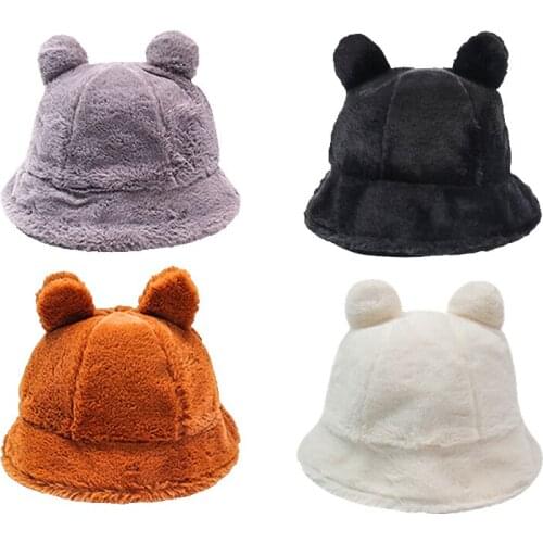 Womens Fashion Plush Bucket Hat Solid Color Rabbit Fur Hat Bucket Cap Fishermans Hat Retro Wool Hat Basin Cap