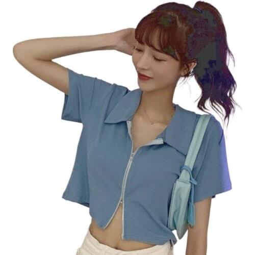 2021 Womens Polo Neck Shirt With Front Zipper Female Slim Fit Crop Cardigans Short Sleeve Chic Tshirt Short sleeve Cotton Tee