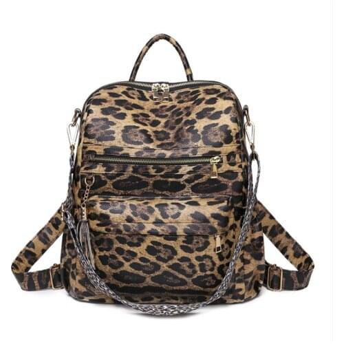 ABS 2021 PU Women Fashion Large Capacity Backpacks with Leopard Should Strap Solid Color Handbags With Tassel Zipper