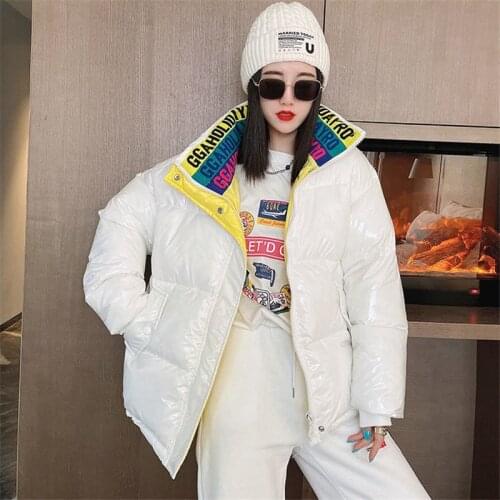 2021 Winter Short White Duck Down Coat Womens Warm Parkas Stitching Letter Glossy Down Jacket Loose Ladies Outwear Street Wear