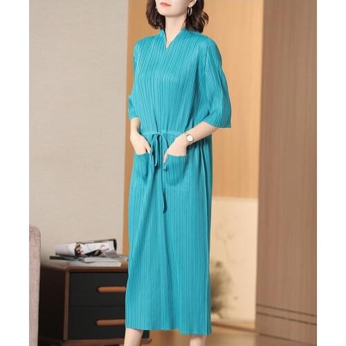 HOT SELLING Miyake fashion fold dress half sleeve solid color v-neck lacing long dress IN STOCK