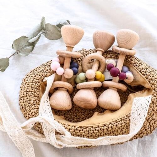 1pc Baby Wooden Rattle Toys Beech Mobile Music Rattle Silicone Beads Wooden Gym Stroller Baby Toys Newborn Educational Pram Toys