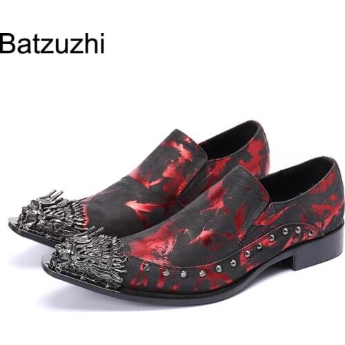 Batzuzhi Italian Leather Mens Dress Shoes Vintage Metal Pointed Toe Chaussure Homme Luxury Male Formal Party Flats Shoes,US6-12