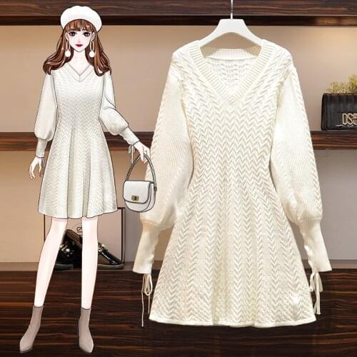JSXDHK Fashion Plus Size L-4XL Autumn Winter Knitted Dress Elegant Women Lantern Sleeve V Neck White Loose Sweater Dress Vestido
