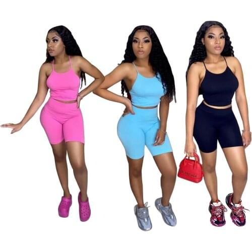 Echoine Summer Spaghetti Sleeveless Crop Top Tank Tshirt Shorts Two Piece Set Tracksuit Women Sporty Sweatshirt Yoga Jogger Suit