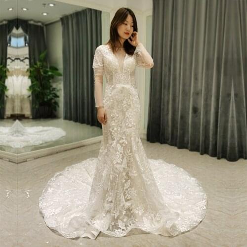 SL-8377 real picture sexy mermaid wedding dress 2022 lace long sleeve bridal gowns beads wedding gowns bridal dress