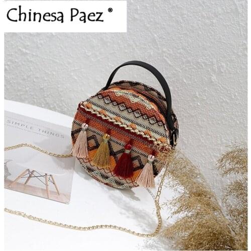 Hot Sale Womens Retro embroidery Flowers handbag PU leather tassel shoulder bag for ladies Evening Round Bag female Cross body