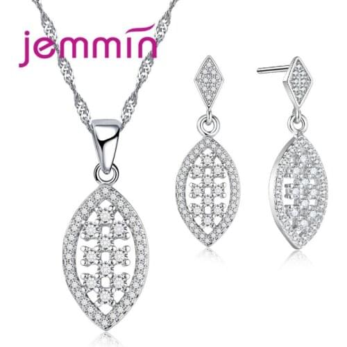Leaf Shaped AAA CZ Crystal Pendant Necklace Stud Earrings Jewelry Sets for Female Women Wedding Party