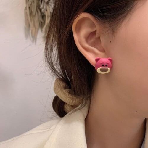 Resin bear pink cute stud earring for women kawaii y2k egirl needle hypoallergenic clip on earring