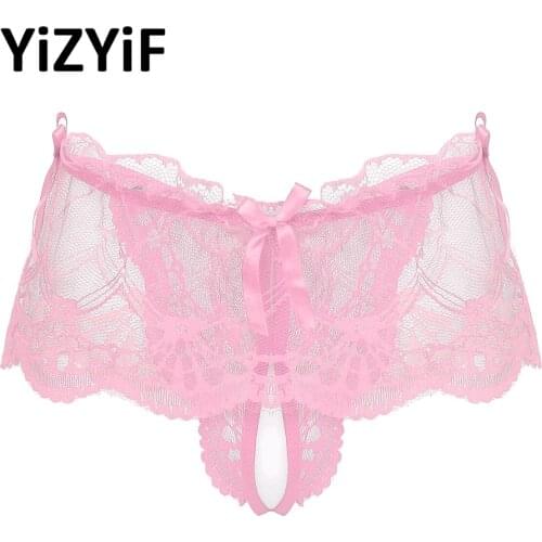 Male Sissy Lace Panties Sexy See-through Lingerie Men Erotic Crotchless Briefs Thong Underpant