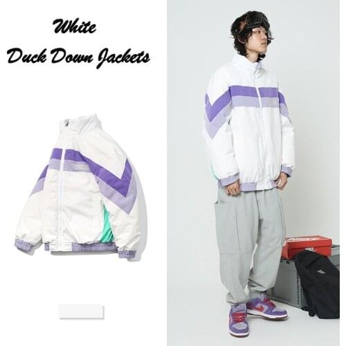 Winter Mens Academic Patchwork Down Jackets Loose Stand Collar Preppy Style Puffer Coat Male Thick Warm Fashion Parkas JK-911