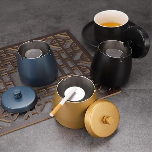 Simple With Lid Stainless Steel Ashtray Portable Ashtrays Ash Storage Container Office Desktop Decoration Modern Home Decoration