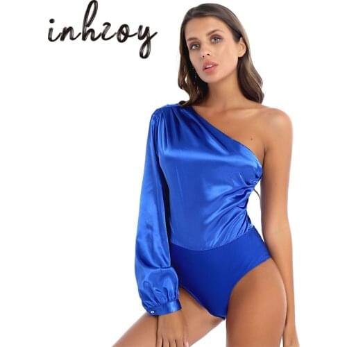 Satin Bodysuit Tops Women Sexy One Shoulder Long Sleeve Zipper Solid Color Jumpsuit Overalls Elegant Lady Romper Shirts Blouses