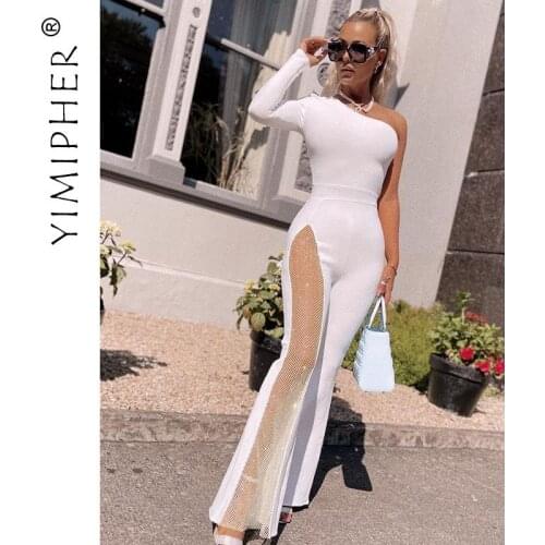 Sexy Long Sleeve Bodycon Jumpsuit for Women Black White Mesh Fishnet One-shoulder Stitching Wide Leg Jumpsuits Party Club wear