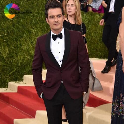 Burgundy Groom Tuxedo Men Suit Black Shawl Lapel Wedding Suits Slim Fit Costume Homme Best Man Blazer Jacket 2Piece Pants Ternos