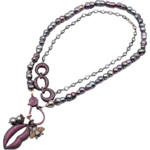 GuaiGuai Jewelry 2 Rows Natural Black Baroque Keshi Pearl Chain Necklace Purple CZ Pave Insect Lips Pendant Handmade For Women