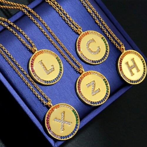 Gold Plated Adjustable Size Sterling Silver Chain Rainbow Style Fancy Zircon 26 Letter Tag Round Pendant Necklace For Women