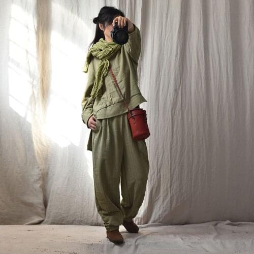 Women Cotton Linen Set Spring Autumn Solid Color O neck Pockets Casual Loose Vintage Women Fashion Sets YoYiKamomo