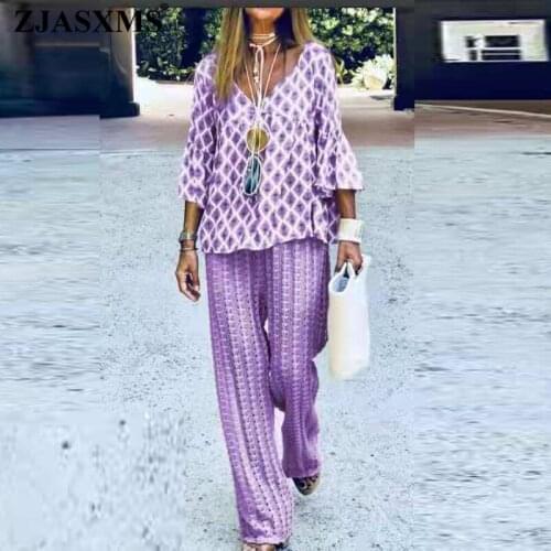 2021 Preppy Style Pattern Printed Casual Outfits Women V Neck 3/4 Blouse and Trousers Suit Spring Autumn Two Piece Sets Harajuku