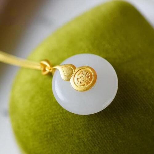 Evil Gourd Natural Hetian Jade Safety Buckle Pendant White Jade Pendant Sterling Silver Gilding Inlaid Vintage Necklace for Wome