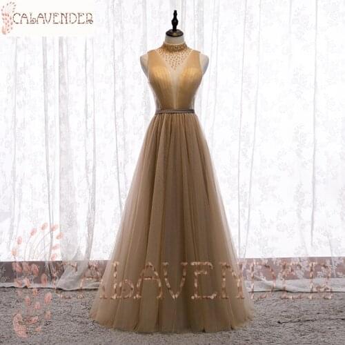 Illusion Beaded High Neck Prom Dresses 2020 A Line Champagne Prom Dress Floor Length Robe De Soiree with Lace Up