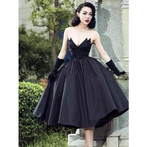 Gothic Black A-Line Wedding Dresses short V Neck Tea Length Tulle Polyester Strapless Sexy 2022 bridal party gown robe de mariee