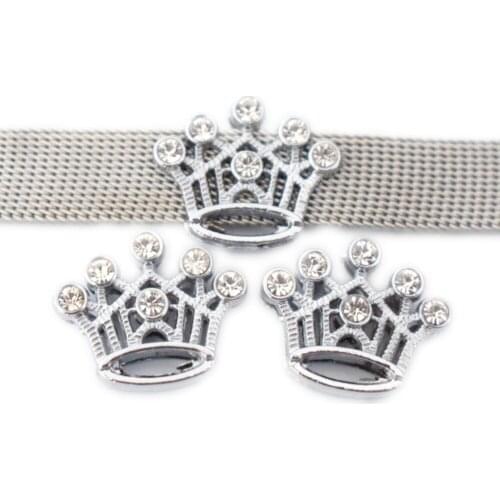 10mm Hole Crystal Rhinestone Silver Crown Slide Bead Charms DIY Accessories Handmade Jewelry For Bracelets Key Chains Pet Collar