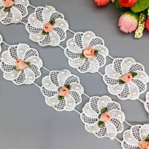 2 yard Rose Windmill Flower Pearl Beaded Lace s Trim Wedding Dress Fabric Ribbon Trimmings DIY Embroidered Applique Sewing