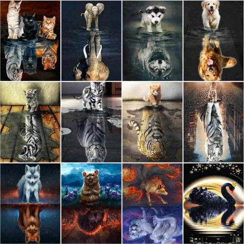 AZQSD 5D Diamond Painting Cat Dog Tiger Lion Reflection Cross Stitch Diamond Embroidery Aniaml Mosaic Rhinestones Home Decor