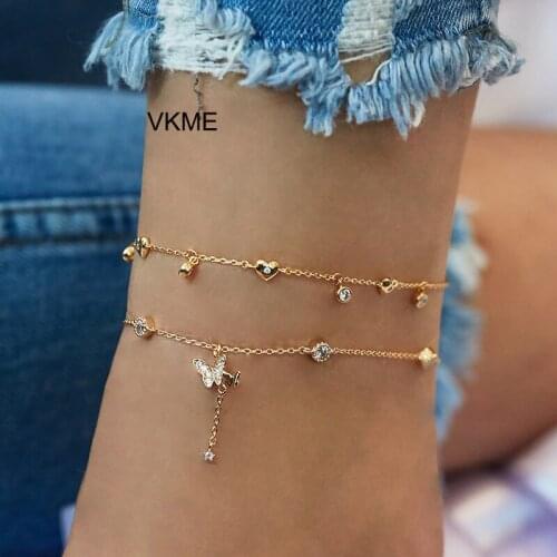 VKME 2 chain Crystal Butterfly Pendant Anklet NEW Foot Bracelet on Leg Beach Women Anklet Jewelry