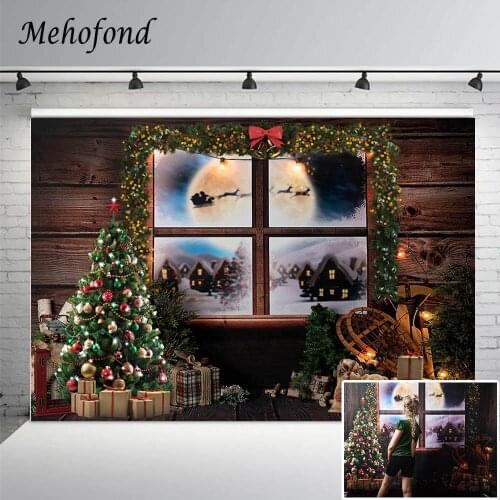 Merry Christmas Portrait Backdrop Winter Wood Window Scenery Moon Santa Claus Reindeer Photography Background Photophone Props