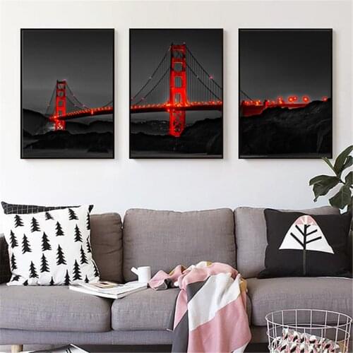 Modern Golden and Red Gate Bridge Poster Canvas Print Painting Wall Art Living Room Home Decoration