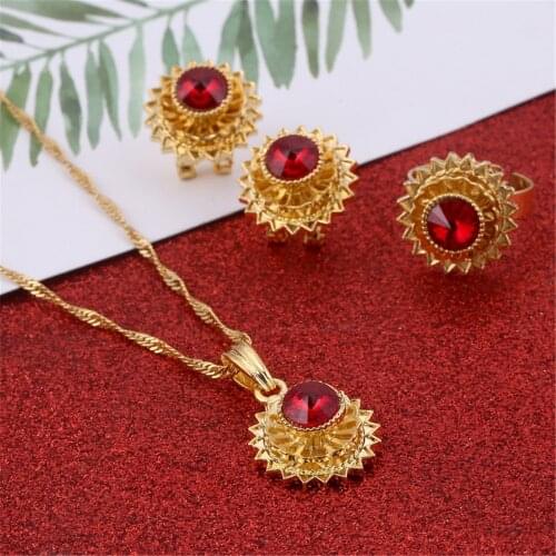 Ethiopian Jewelry Set Gold Color Crystal Necklace Pendant Earrings Ring Middle Easter Habesha Wedding Set