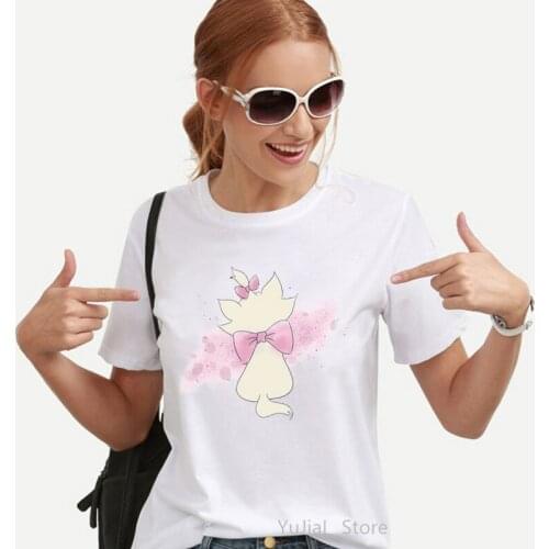 Kawaii Mary Cat Animal Print Tshirt Girls WomenS Clothing Funny White T-Shirt Femme Summer Fashion T Shirt Female Streetwear