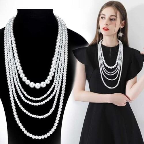 AIYANISHI 1pcs Multilayer Imitation Pearl Bead Necklace Long Knotted Sweater Necklaces for Women Fashion Jewelry