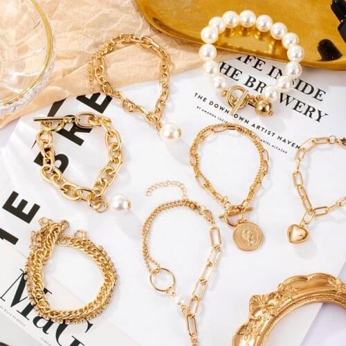 Fashion Pearl Bangles Bracelets For Women Retro Multilayer Metal Bracelets on hand Couple bracelets 2021 Trend Gifts Jewelry New