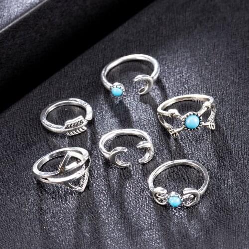 Bohemian Style 6pcs/Pck Vintage Anti Color Rings Arrows Moon Lucky Rings Set for Women Party Free Shipping