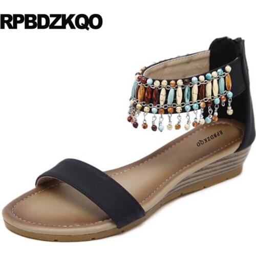Low Heel Beach Ladies Women Ethnic Shoes Sandals Leisure Fashion Bohemia Style Ankle Strap Beaded Embellished Wedge Plus Size