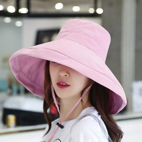 Summer Polyester Bucket Fishing Hats For Women Sunscreen Panama Hat Pure Color Sun Caps Double-side Lady Fisherman Hat Beach Cap