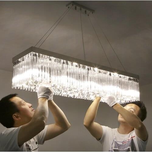 Modern simple LED warm romantic long strip rectangular restaurant lights dining room meal hanging crystal lamp hanging fixture